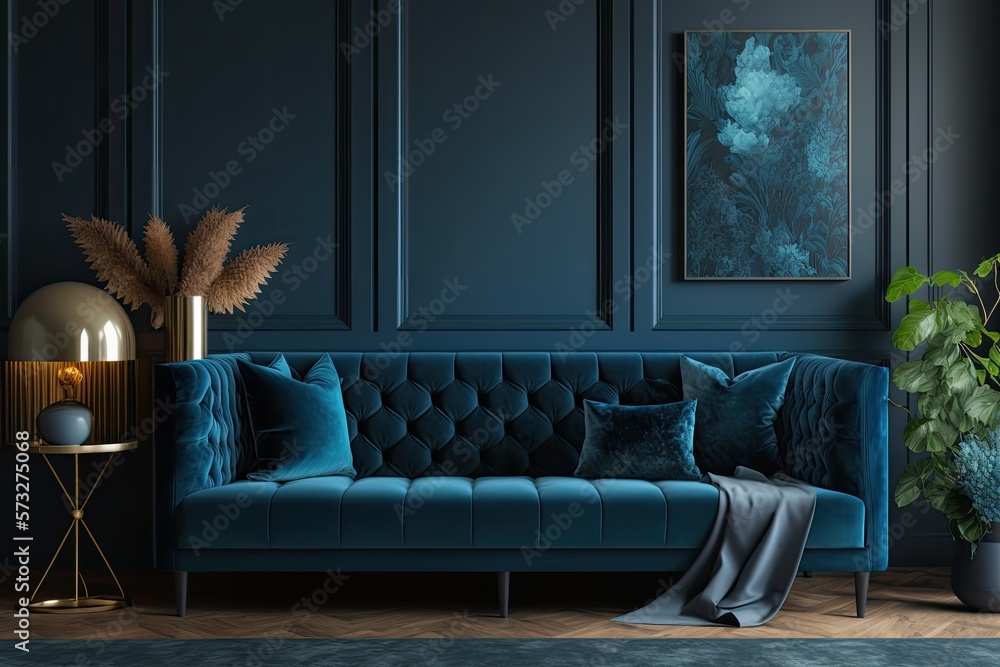 Premium livingroom in blue tones trend. Empty wall for art blank
