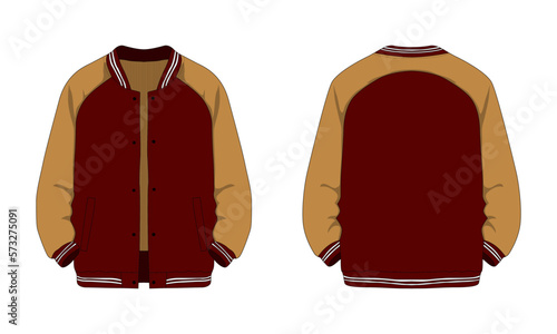 Varsity jacket technical drawing front and back view. Vector illustration