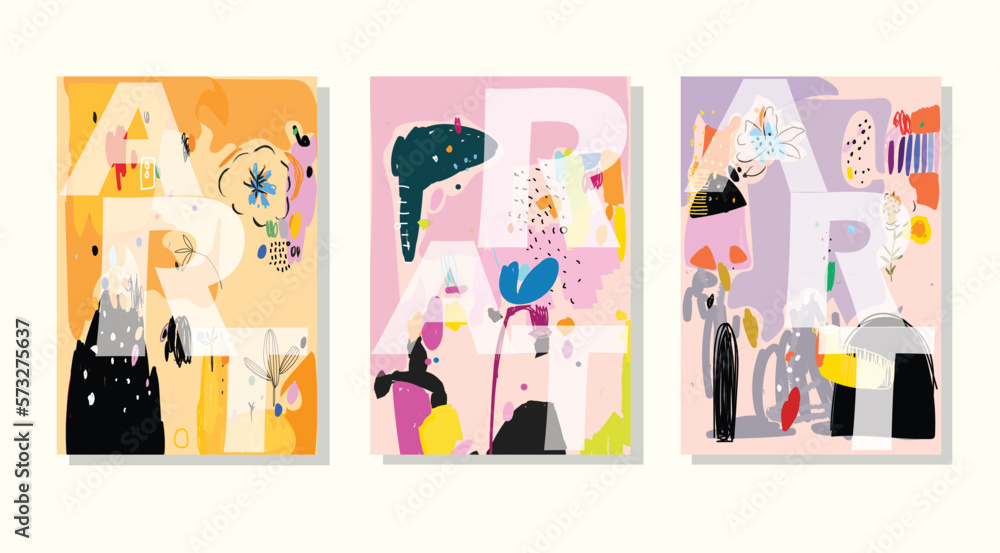 A fashionable set of abstract bright cards with tropical, leaves and flowers hand drawn vector illustration. Creative doodle, various shapes and textures. A fashionable set of abstract bright cards with tropical, leaves and flowers hand drawn vector illustration. Creative doodle, various shapes and textures.