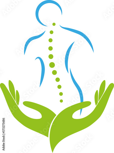 Zwei Hände und Person, Wirbelsäule, Chiropraktiker, Orthopädie, Massage, Logo