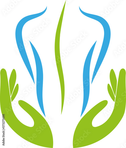 Zwei Hände und Person, Wirbelsäule, Chiropraktiker, Orthopädie und Massage Logo, Icon