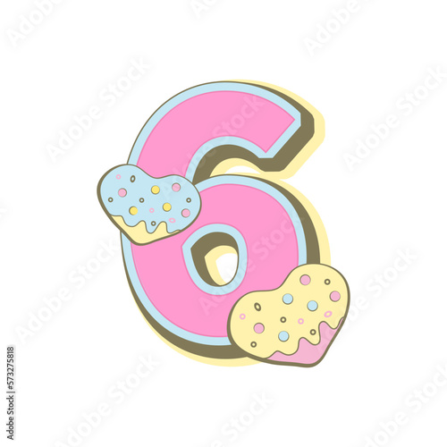 Number six with donuts, baby month cards. Monthly milestone. Birthday Party Invitation, card, badge. Vector