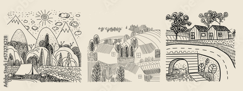 Set of country farm village landscape black and white hand drawing vector illustration.