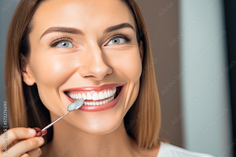 Portrait of a smiling young attractive woman showing beautifully groomed white teeth after dental hygiene at the dentist. AI generative Portrait of a smiling young attractive woman showing beautifully groomed white teeth after dental hygiene at the dentist. AI generative