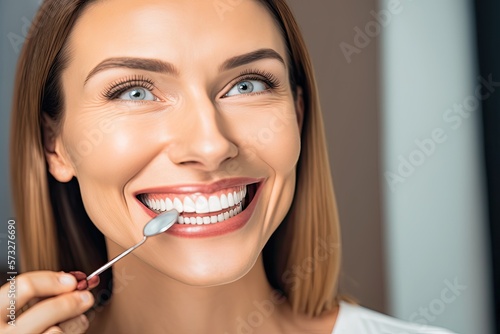 Portrait of a smiling young attractive woman showing beautifully groomed white teeth after dental hygiene at the dentist. AI generative
