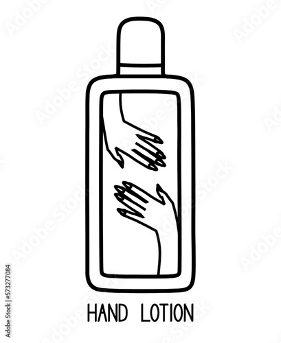 Design of hand lotion, liquid soap, sunscreen packaging. Cosmetic bottle isolated on white. Line art. Vector illustration. Beauty concept. For tattoo, advertisement