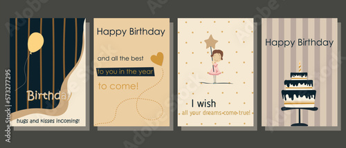 Birthday cards. Cute postcards with gifts, cakes, candles and festive decor. Gold and black colors