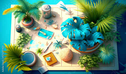 Get ready to soak up the sun with a stunning top-down view of a summer blue banner, featuring a vibrant collection of seaside essentials and tropical foliage