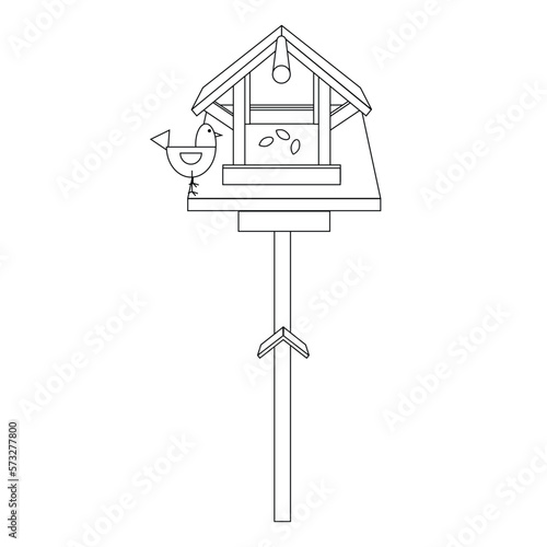 Bird feeder with bird, black line drawing, doodle isolated on white background.
