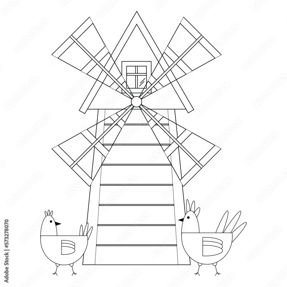 Obraz premium Mill with chickens passing by, black line drawing, doodle isolated on white background.
