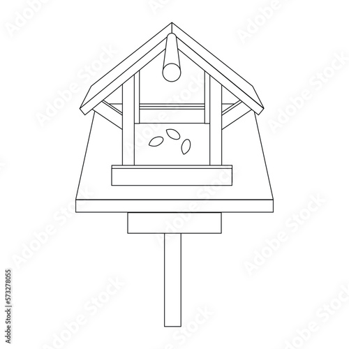 Bird feeder, black line drawing, doodle isolated on white background.