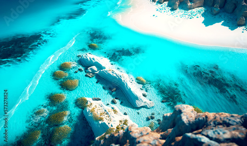 Aerial shot of a coastline with turquoise water and white sand