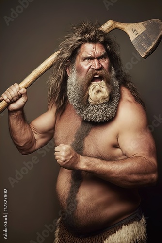 An aggressive caveman. Made with Generative AI. photo