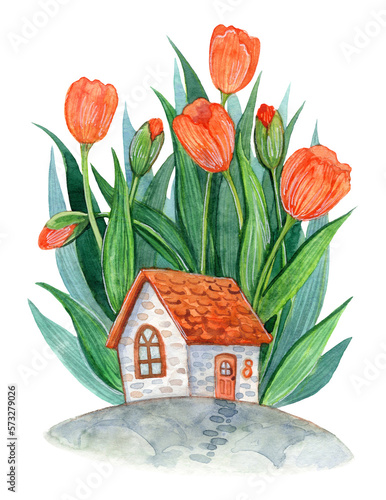 Watercolor illustration with a cute house with a tiled roof on a background of tulips.