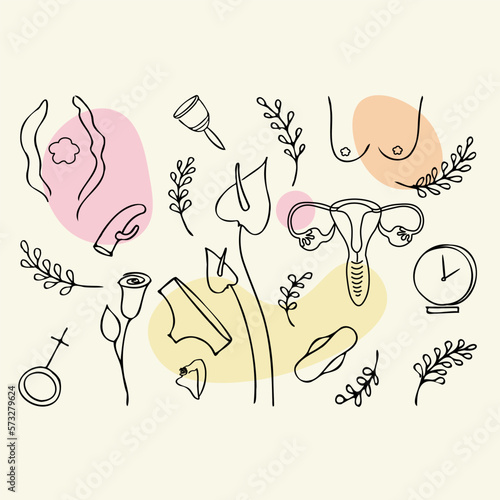 Bodypositive. Gynecology, women's psychological and physical health. Line art. Doodle with female breasts, vagina, female reproductive system, menstrual cup, flowers, clock, underwear