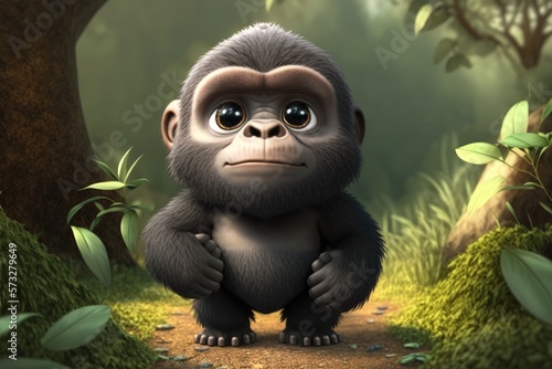 a cute adorable gorilla character  stands in nature in the style of children-fri Fototapet
