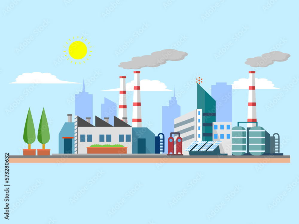 Industrial production, factories and plants, green energy, industry, isometric