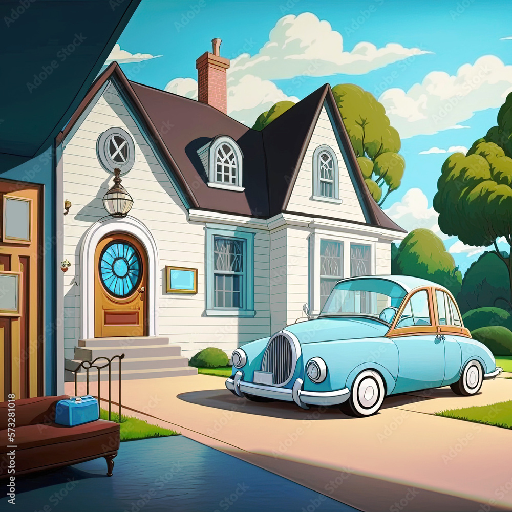 Illustration of a Retro car from 50's, placed by small american house. Illustration of a Retro car from 50's, placed by small american house.