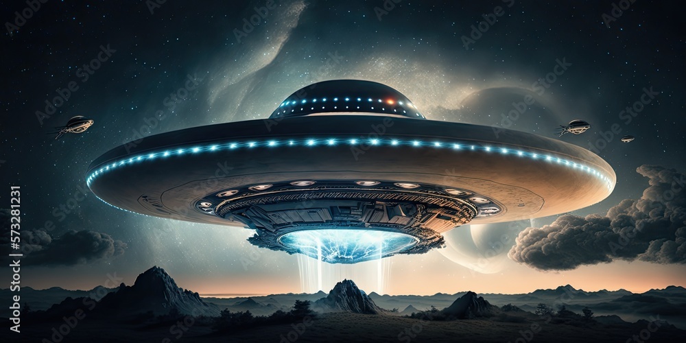 ufo fly over modern city in the night , Generated by AI ufo fly over modern city in the night , Generated by AI
