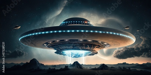ufo fly over modern city in the night , Generated by AI