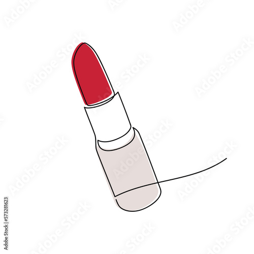 Vector red lipstick one line continuous drawing illustration. Hand drawn linear silhouette icon. Minimal design, make up print, cosmetic banner, card, poster, brochure, beauty logo.