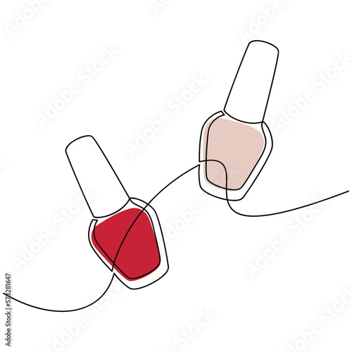Beige and red nail polish vector one line continuous drawing illustration. Hand drawn linear silhouette icon. Minimal design, make up print, cosmetic banner, card, poster, brochure, beauty logo.
