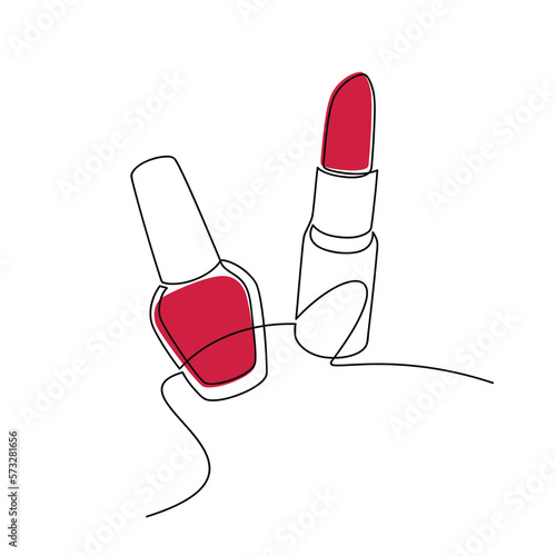 Set of red lipstick and nail polish bottle vector one line continuous drawing illustration. Hand drawn linear icon. Minimal design, make up print, cosmetic banner, card, poster, brochure, beauty logo