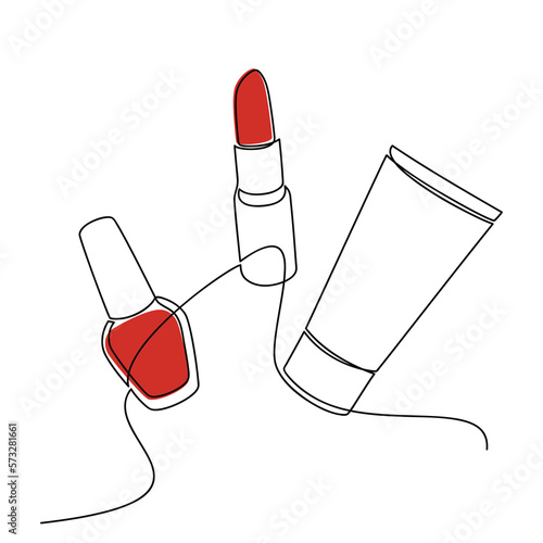Nail polish, red lipstick and cream tube vector one line continuous drawing. Hand drawn linear silhouette icon. Minimal design, make up print, cosmetic banner, card, poster, brochure, beauty logo.
