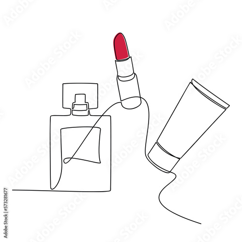 Make up set, perfume bottle, red lipstick, cream tube vector one line continuous drawing. Hand drawn linear icon. Minimal design, trendy print, cosmetic banner, card, poster, brochure, beauty logo.