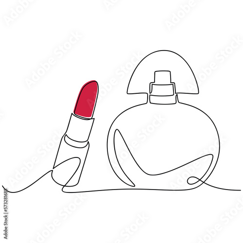 Cosmetic set, perfume bottle, red lipstick vector one line continuous drawing. Hand drawn linear icon. Minimal design, make up print, banner, card, poster, brochure, abstract trendy beauty logo.