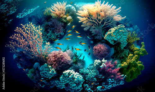 Aerial shot of a coral reef and marine life in the ocean photo