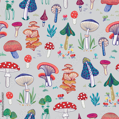 Mushrooms mystical forest vector seamless pattern.