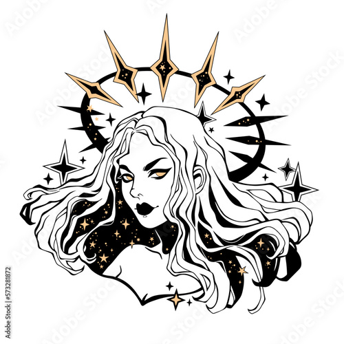Beautiful girl with long hair decorated with stars and a halo