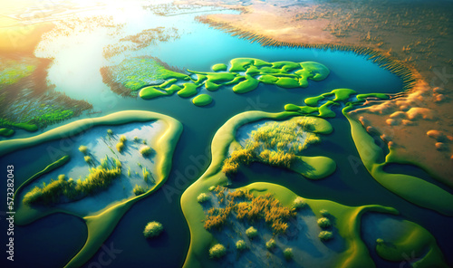 Aerial view of a river delta and wetlands