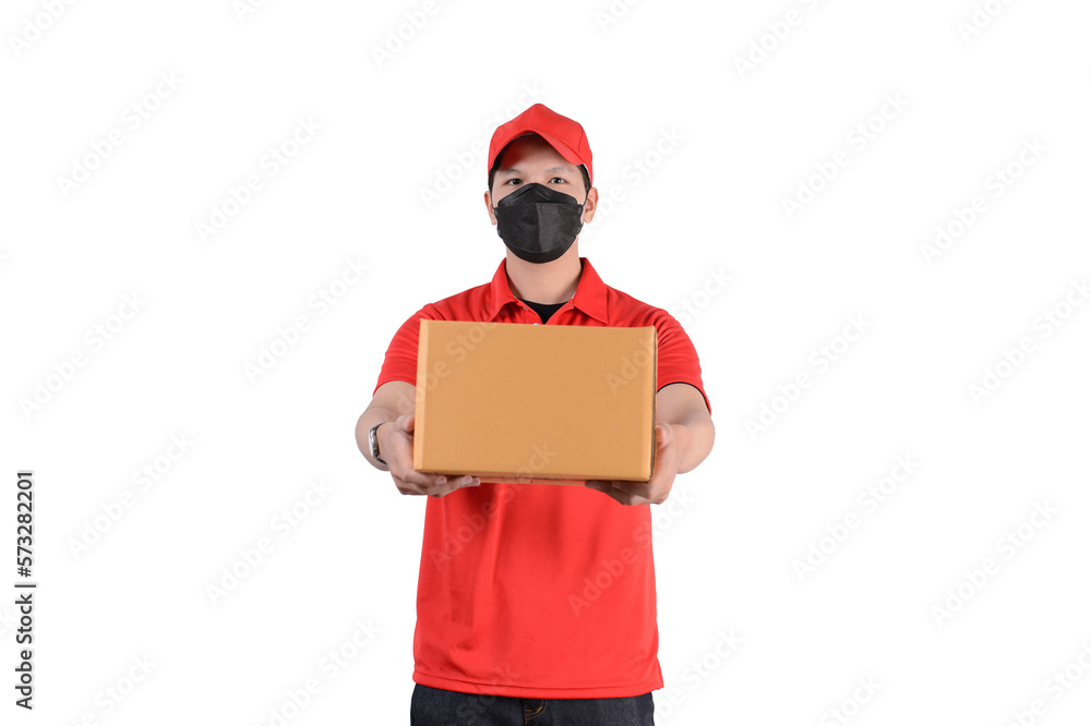 Delivery man employee in red cap blank t-shirt uniform Delivery man employee in red cap blank t-shirt uniform