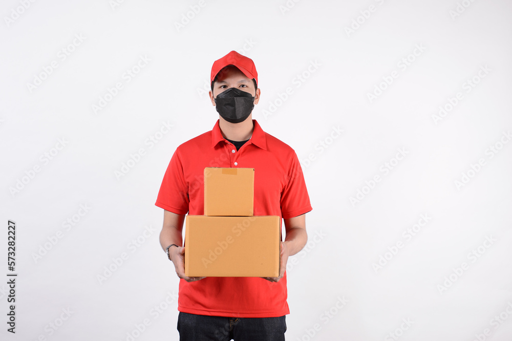 Delivery man employee in red cap blank t-shirt uniform Delivery man employee in red cap blank t-shirt uniform