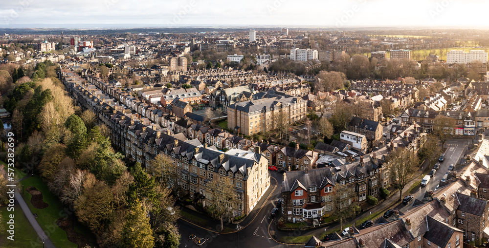 Aerial view of Victorian townhouses in the Yorkshire Spa Town of Harrogate
