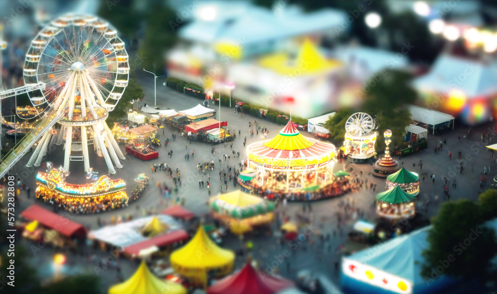 Aerial view of a carnival or fairground with rides and attractions
