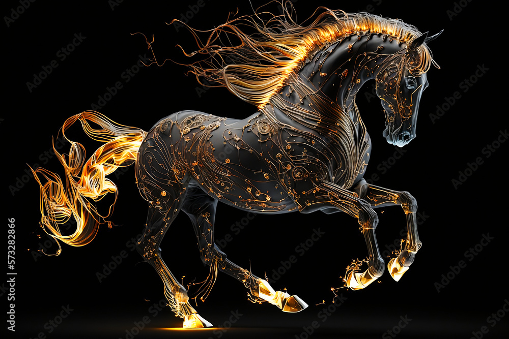 Fiery stallion rearing up against black background. Generative AI.