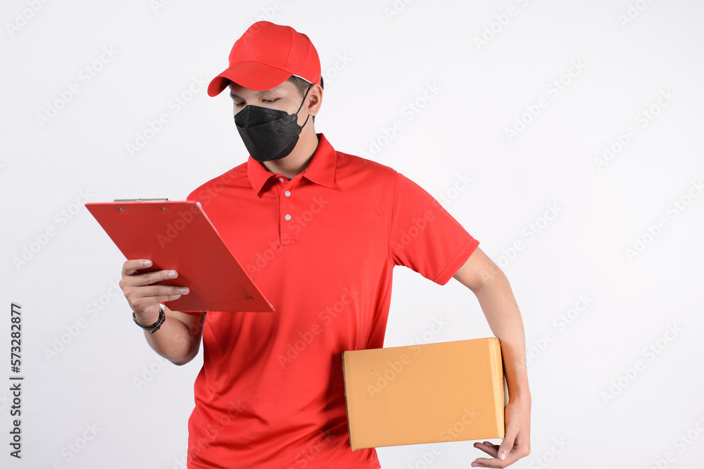 Delivery man employee in red cap blank t-shirt uniform face Delivery man employee in red cap blank t-shirt uniform face