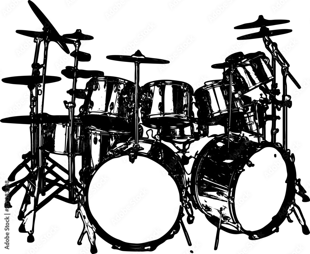Silhouette of music drum set, Vector illustration of a musical instrument, Drum set monochrome drawing Silhouette of music drum set, Vector illustration of a musical instrument, Drum set monochrome drawing