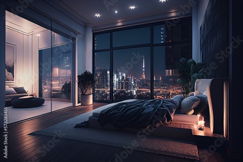 Modern penthouse bedroom at night. Generative AI. Digital Art Illustration