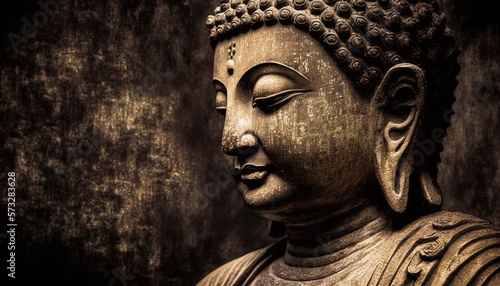 Theravada Buddha meditates on a black background. Copy space. Generative AI. photo