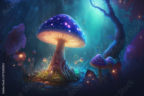 Magical mushroom in fantasy enchanted fairy tale forest with lots of brightness and lighting with generative AI