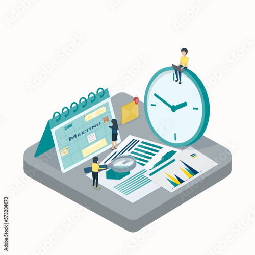 Businessman managing time and calendar schedule. She is checking the schedule. Add an appointment or modify the calendar Check tasks and working hours to match assigned tasks.  Vector 3D illustration.