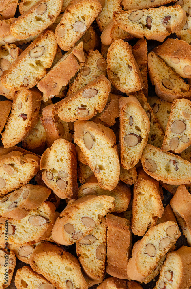 Traditional Italian cantuccini cookies with almonds. Food background. Top view.