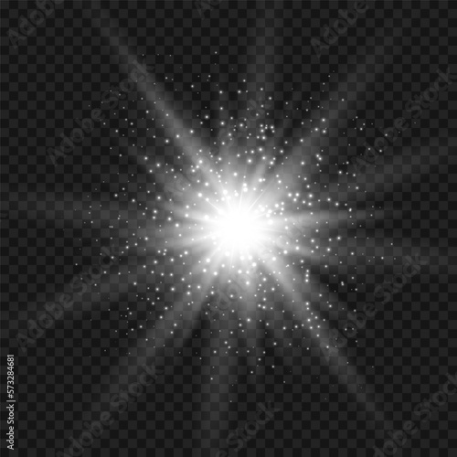 Star burst with sparkles. Silver light flare effect with stars, sparkles and glitter isolated on transparent background. Vector illustration of shiny glow star with stardust, white lens flare