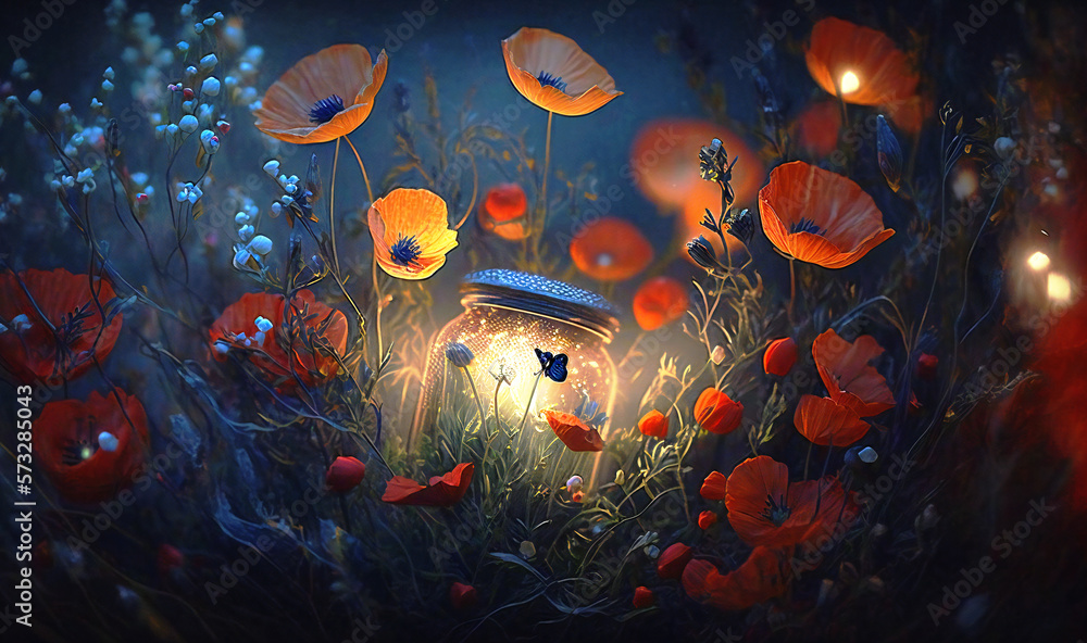 A serene and mystical moment captured in art, with fireflies perched on wild poppies amidst a misty ambiance, heightened by the shimmering moonlight - obrazy, fototapety, plakaty 
