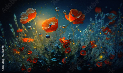 A serene and mystical moment captured in art, with fireflies perched on wild poppies amidst a misty ambiance, heightened by the shimmering moonlight