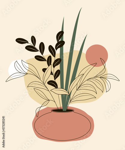 Stylized bouquet of leaves in vase drawn with lines and spots